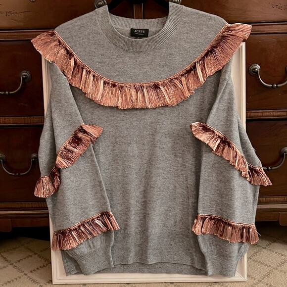 J. Crew 100% gray cashmere sweater w coppery metallized ruffles  M - Picture 1 of 7